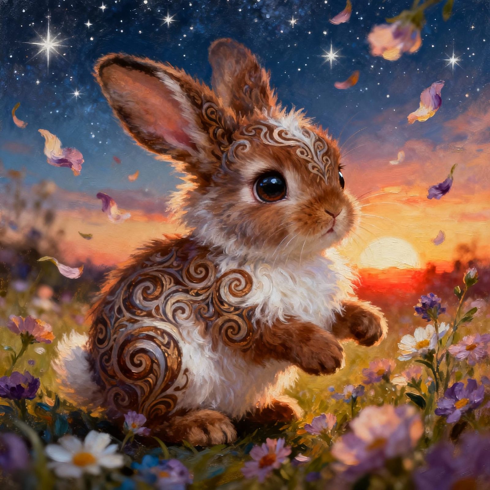 Cute Fluffy Bunny Creature in Flower Rain at Sunset