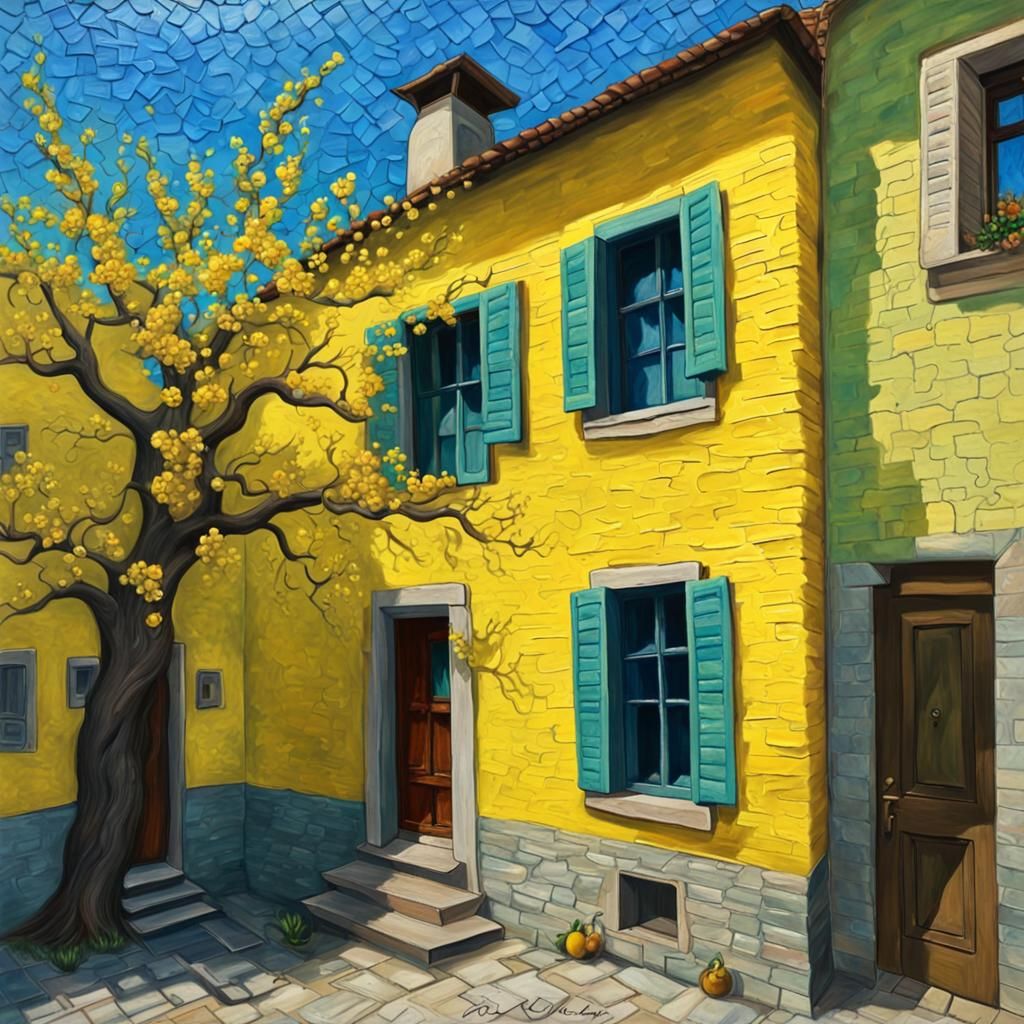 Sunny Yellow House with Blossoming Tree in 3D