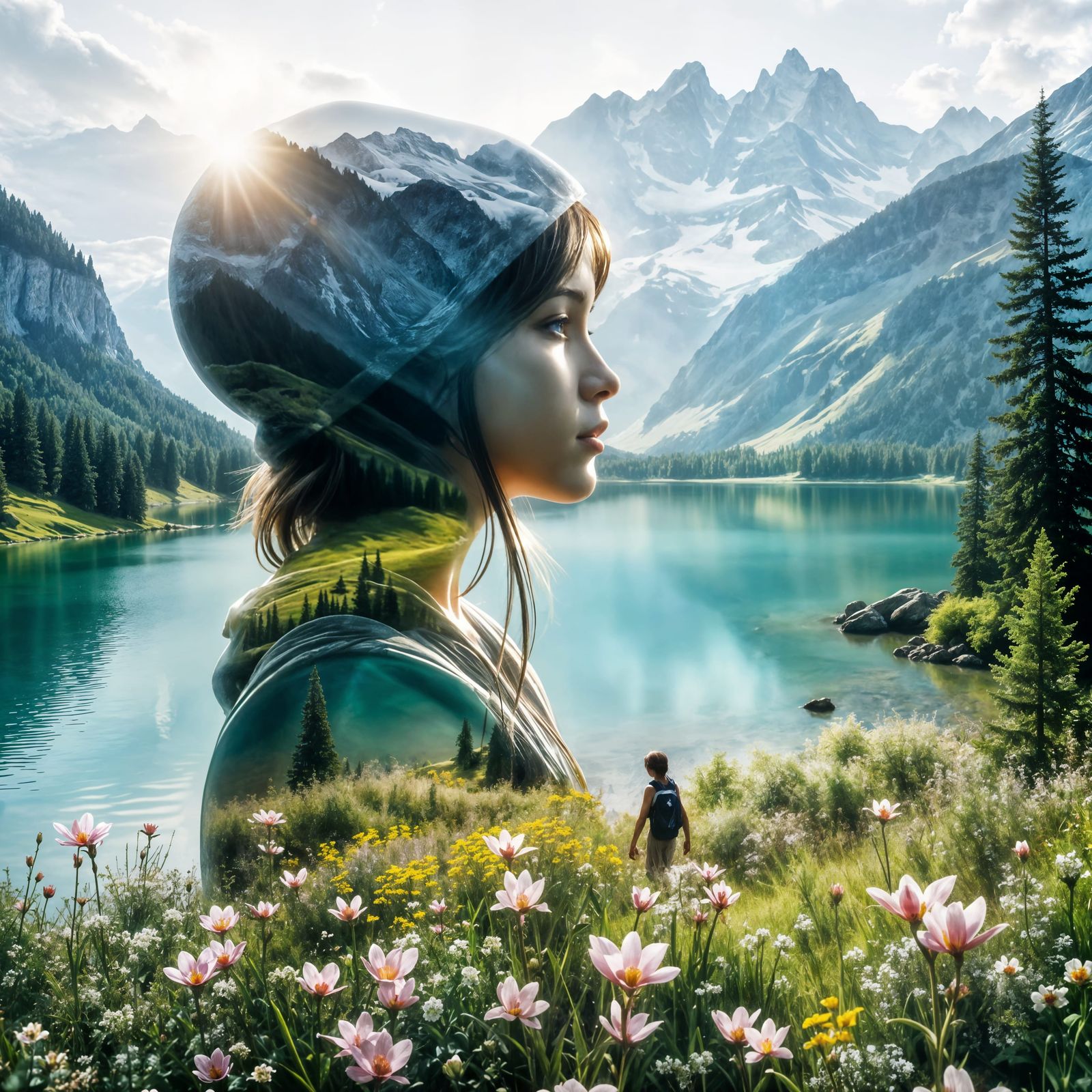 Heidi Double Exposure Over Swiss Alps Lake