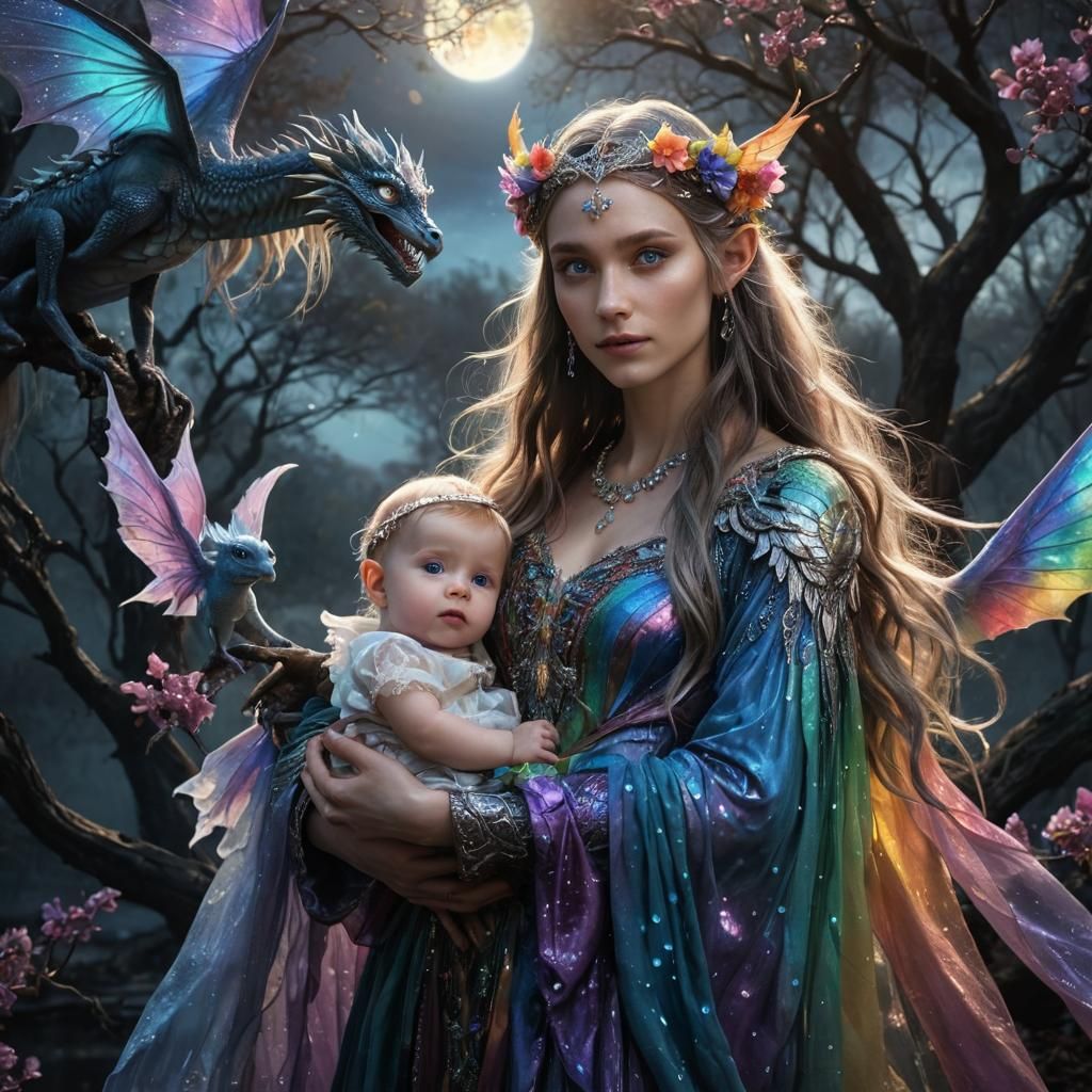 Elven Woman with Dragon in Fractal Art Style