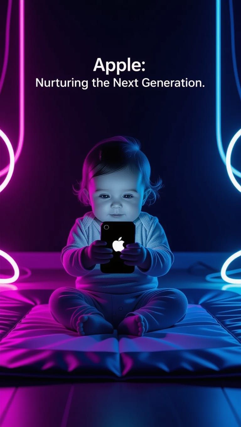 Baby with Glowing Smartphone in Black Light Art