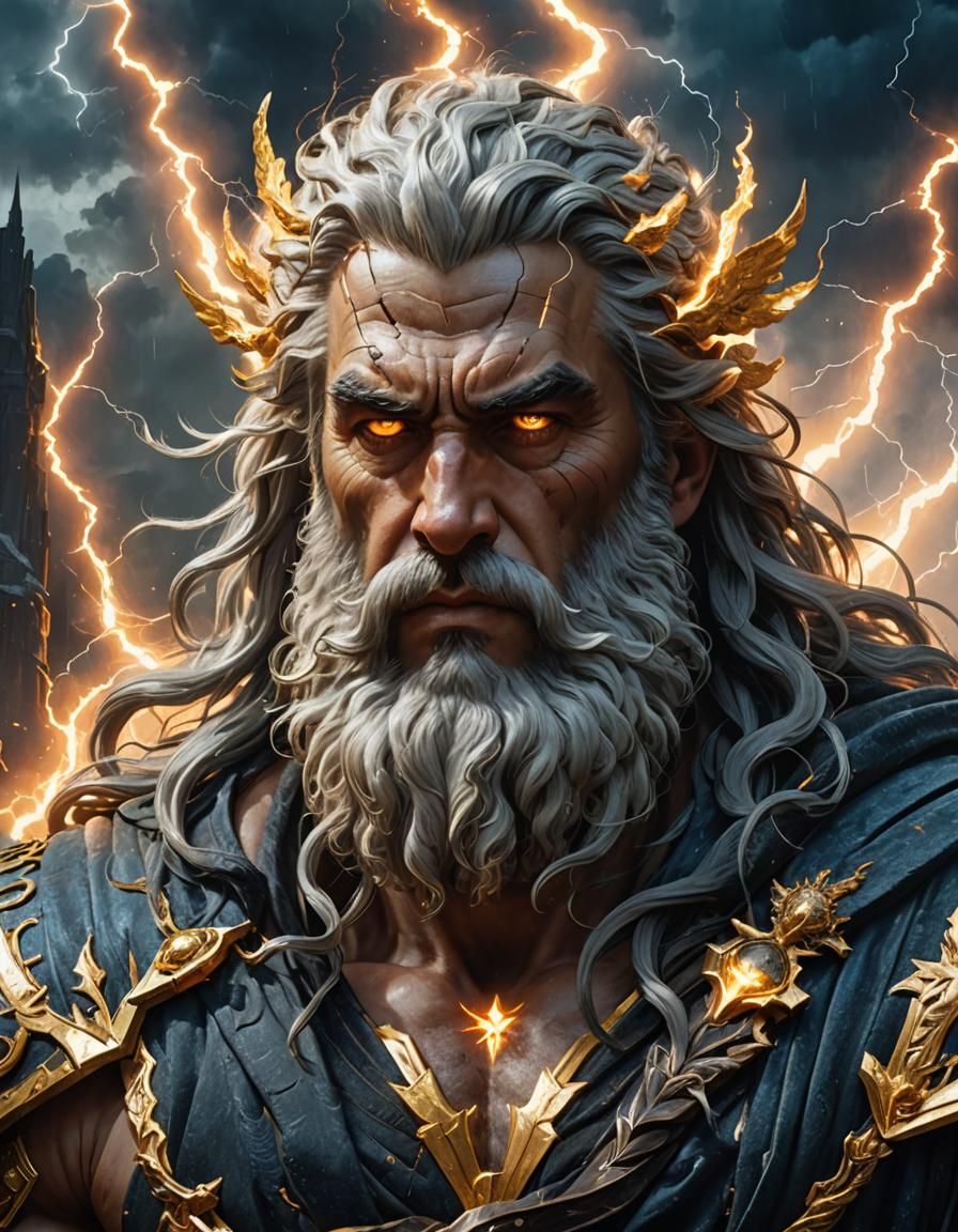 Zeus Portrait with Thunderbolt, Hyperrealistic Art
