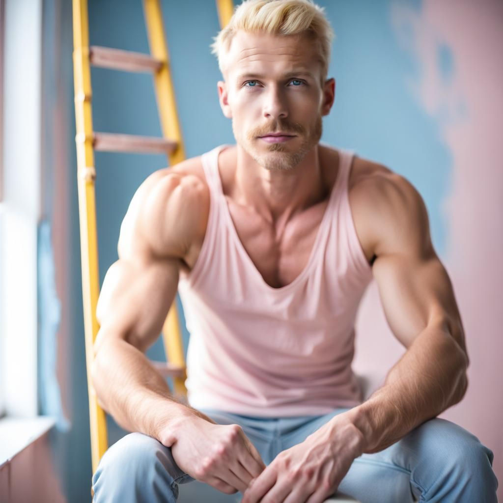 Muscular Man in Pastel Room, Professional Photography