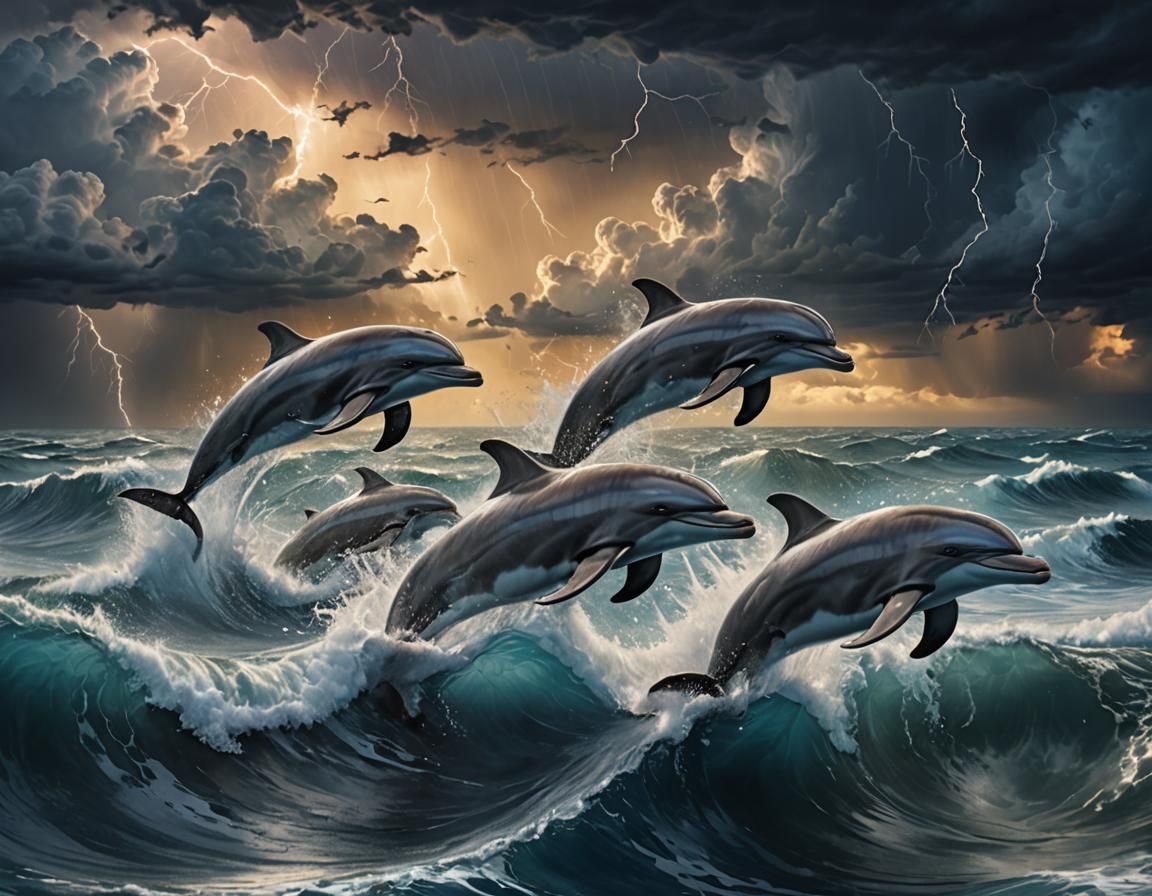 Dolphins Leaping in Storm, as Splash Art