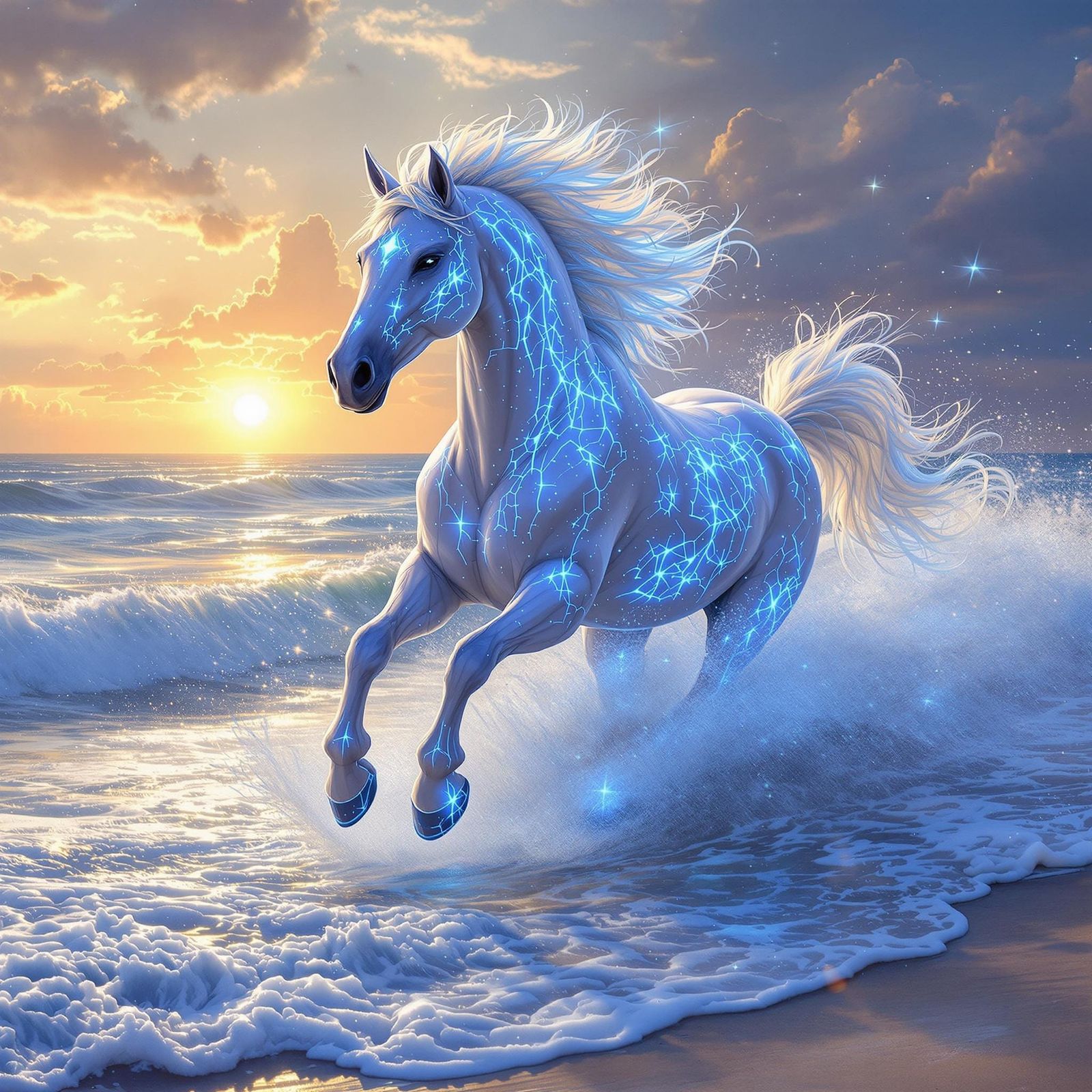 Ethereal Bioluminescent Horse Galloping on a Sunlit Beach