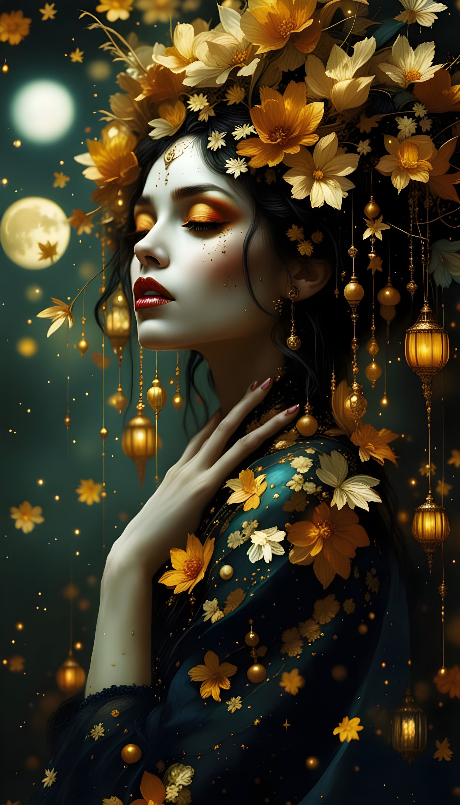 Golden Moon Goddess in Dark Fantasy Landscape