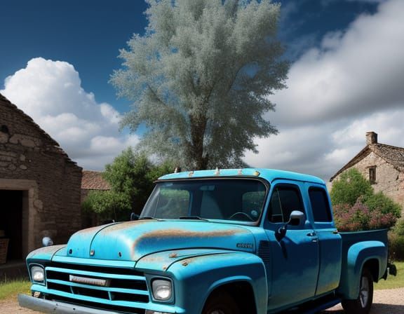 Shiny Blue Vintage Truck in Old Village Landscape