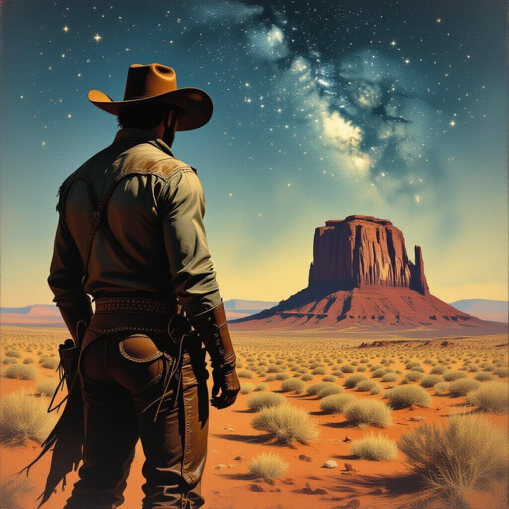Cowboy Silhouetted Against Starry Desert Sky