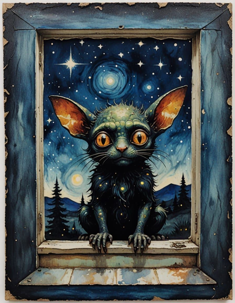 Mysterious Imp Peeks Through Bedroom Window Under Starry Cos...