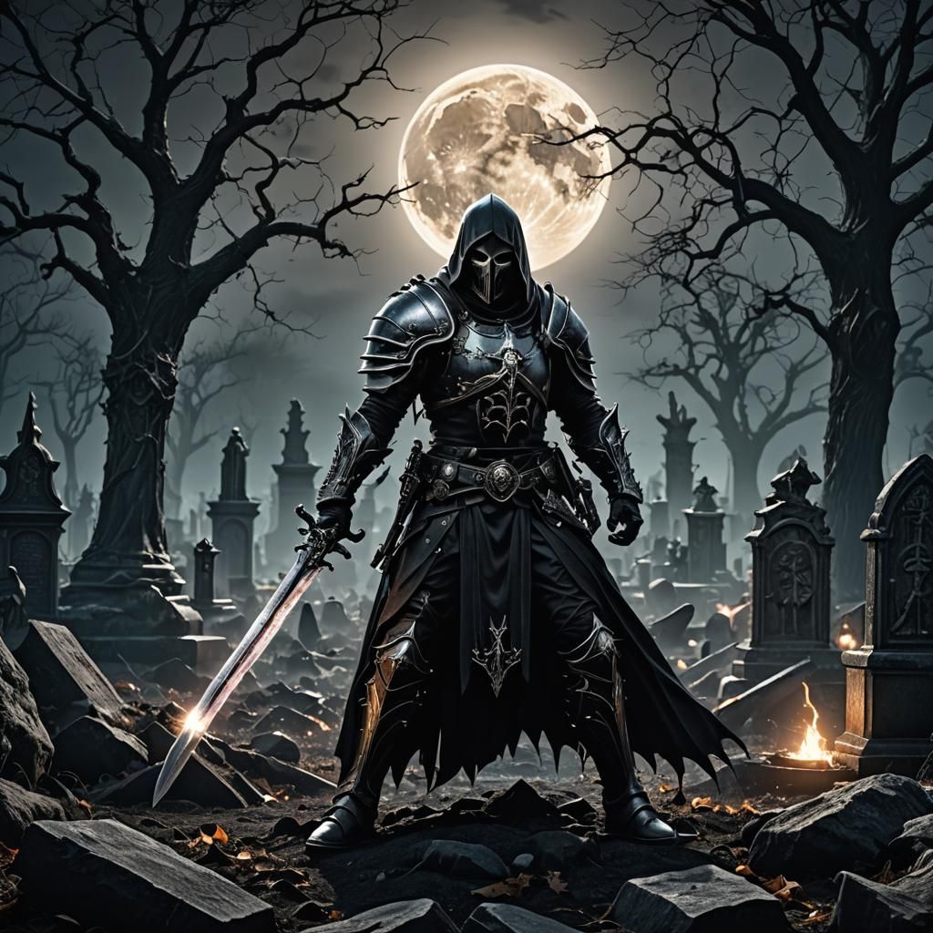 Death Knight in Graveyard Under Moonlight: HDR Photo
