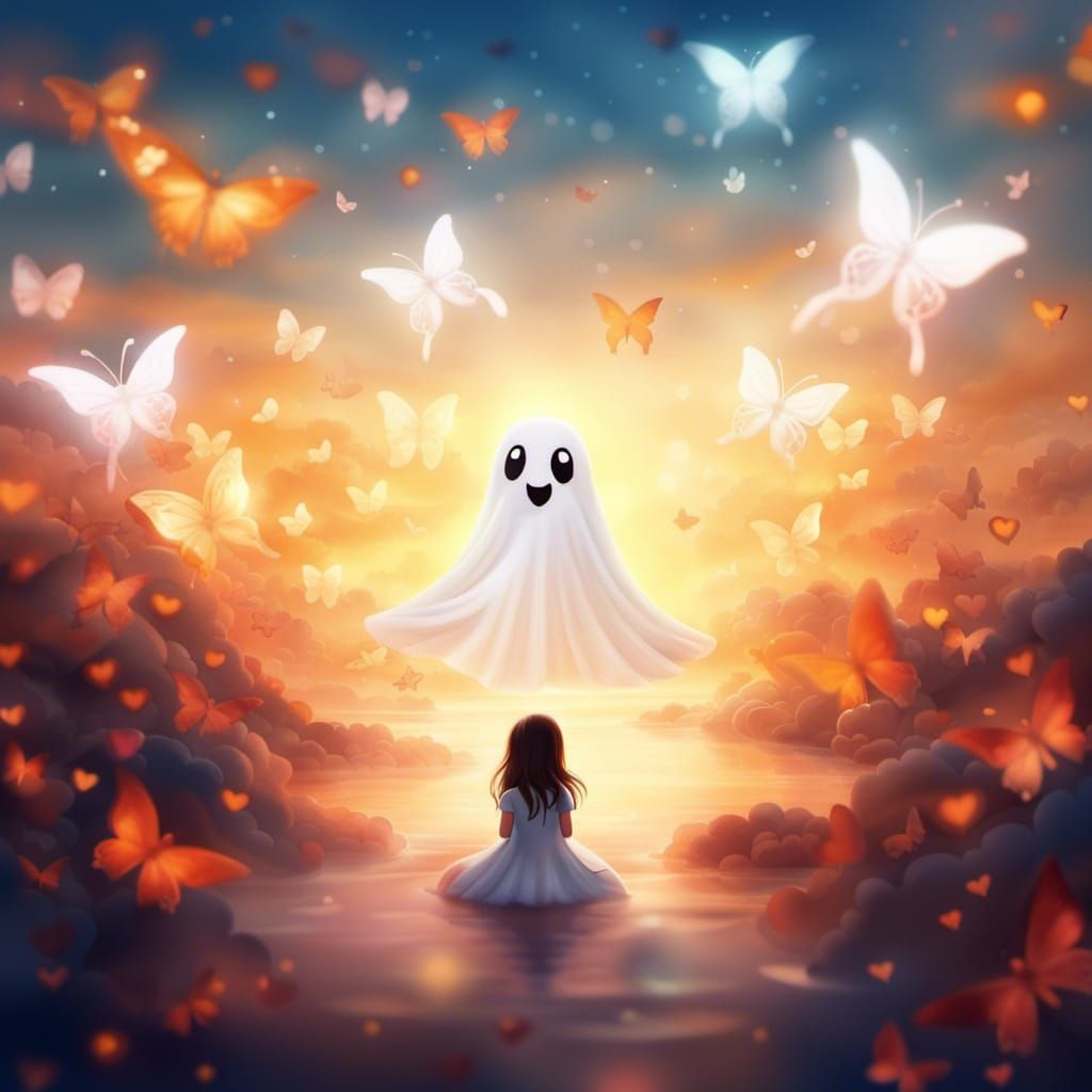 Cute Ghost and Girls in Ocean of Hearts