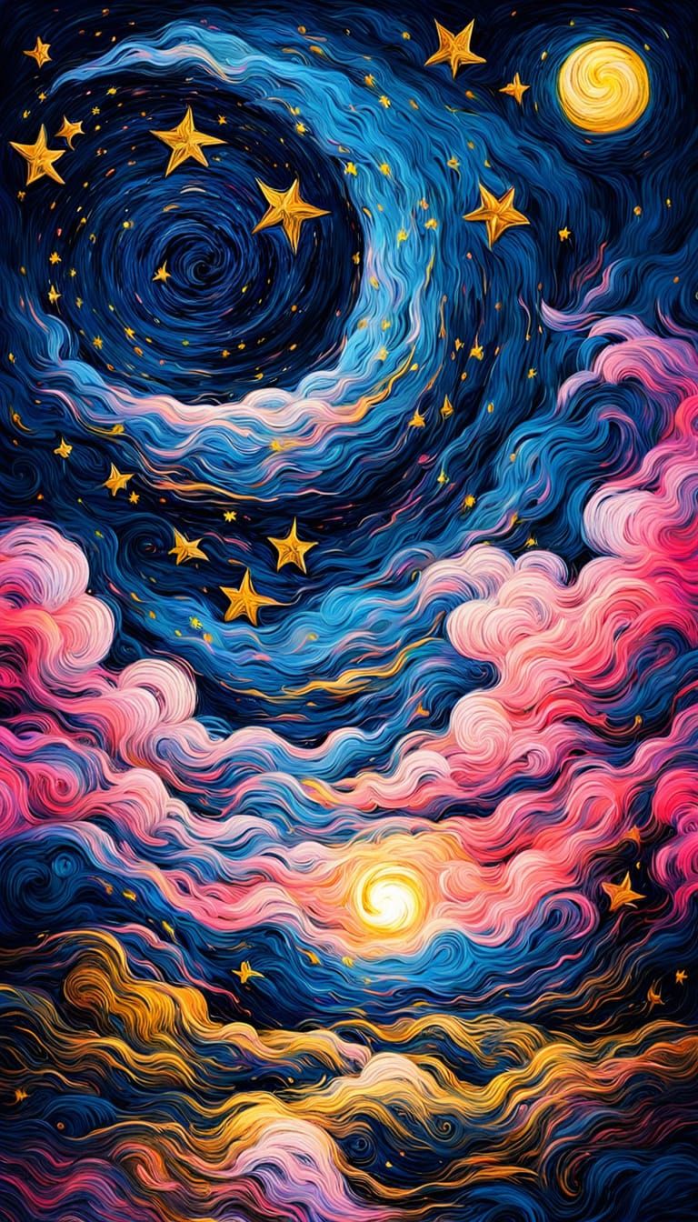 Van Gogh Style Starry Night with Pink Moon