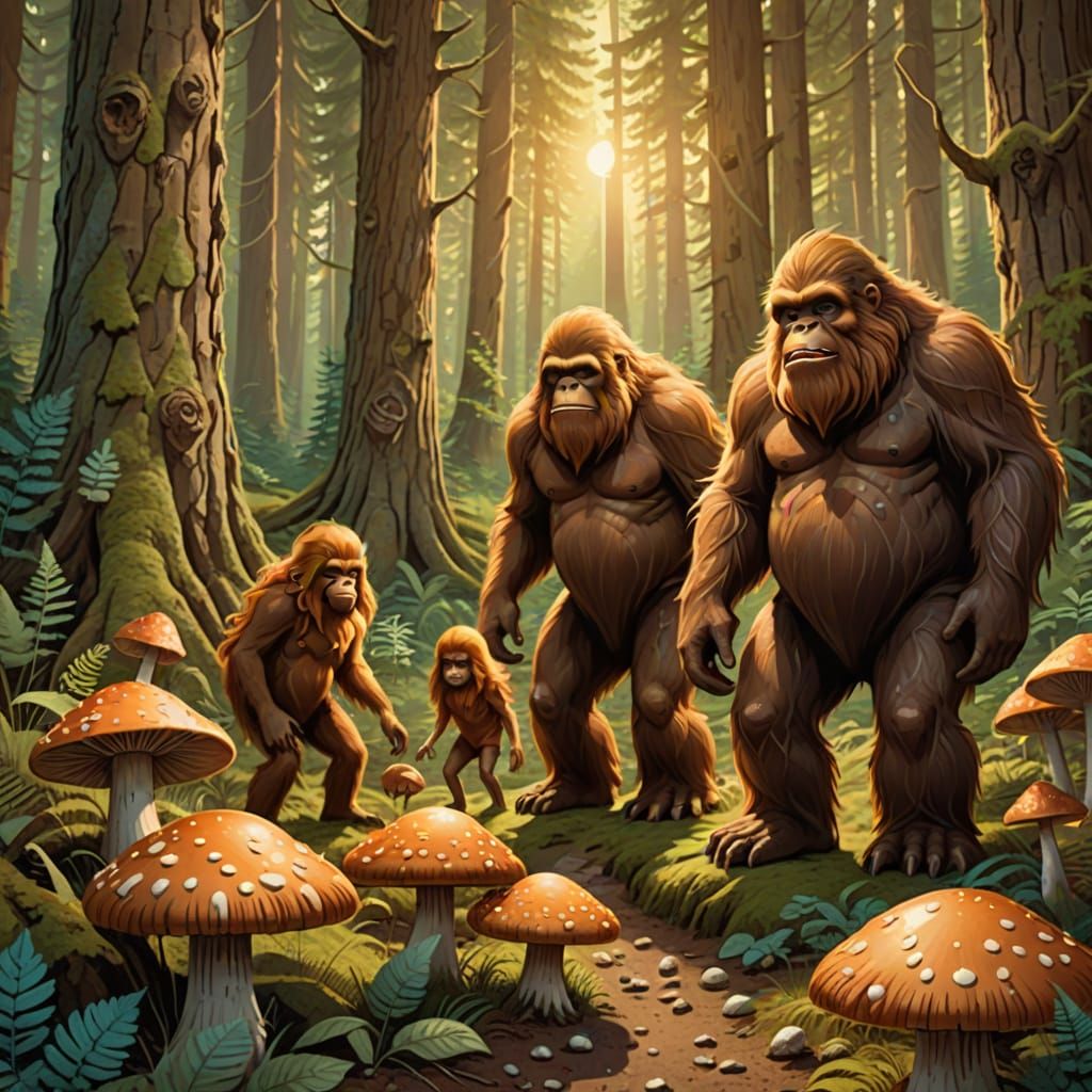 Whimsical Sasquatch Family Mushroom Picking in Glowing Fores...