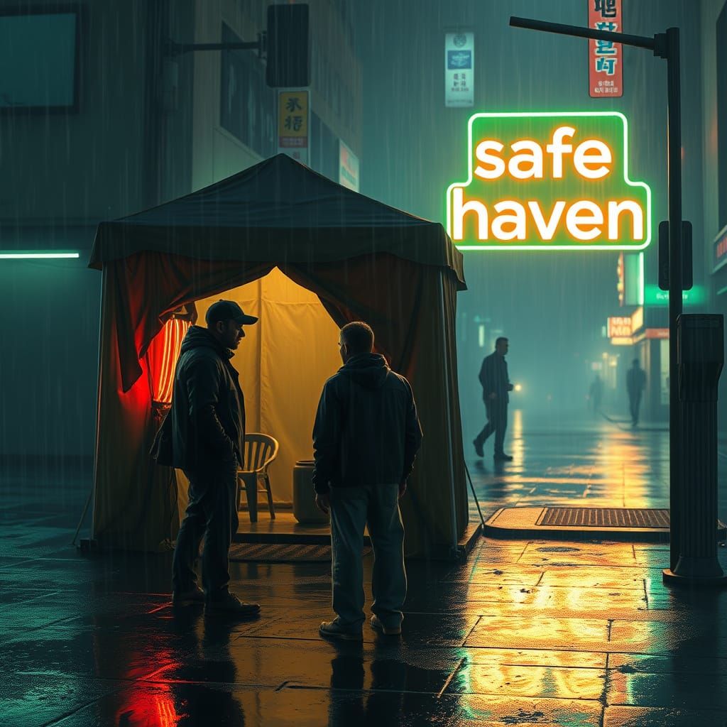 Cyberpunk Cityscape Offers Shelter in Digital Painting Style