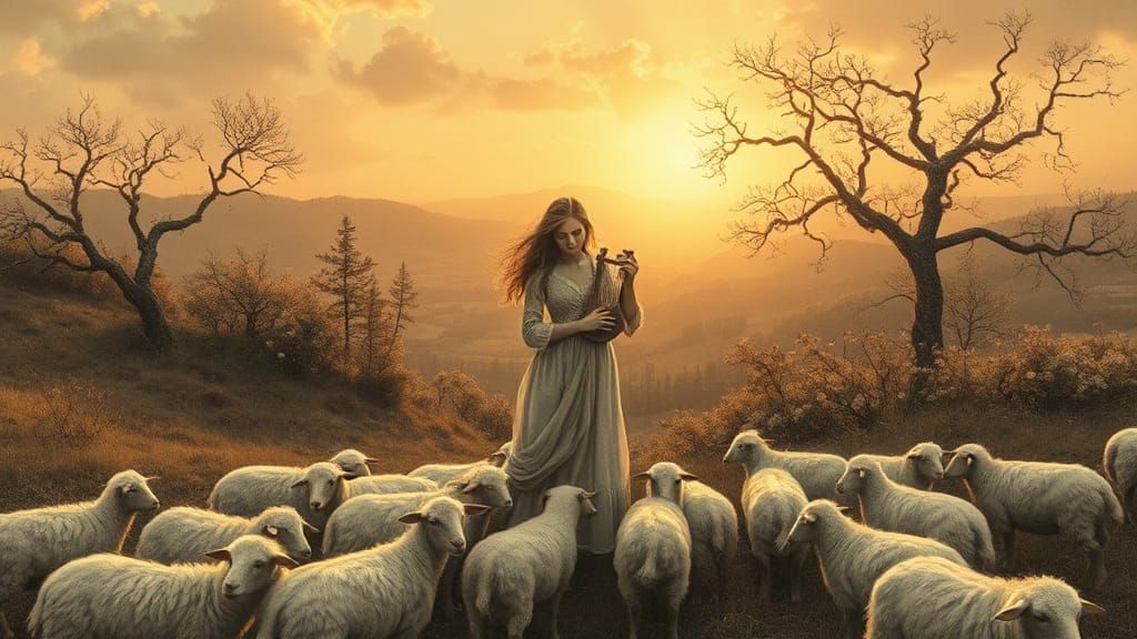 Shepherdess in Dreamlike Landscape as Charcoal Drawing