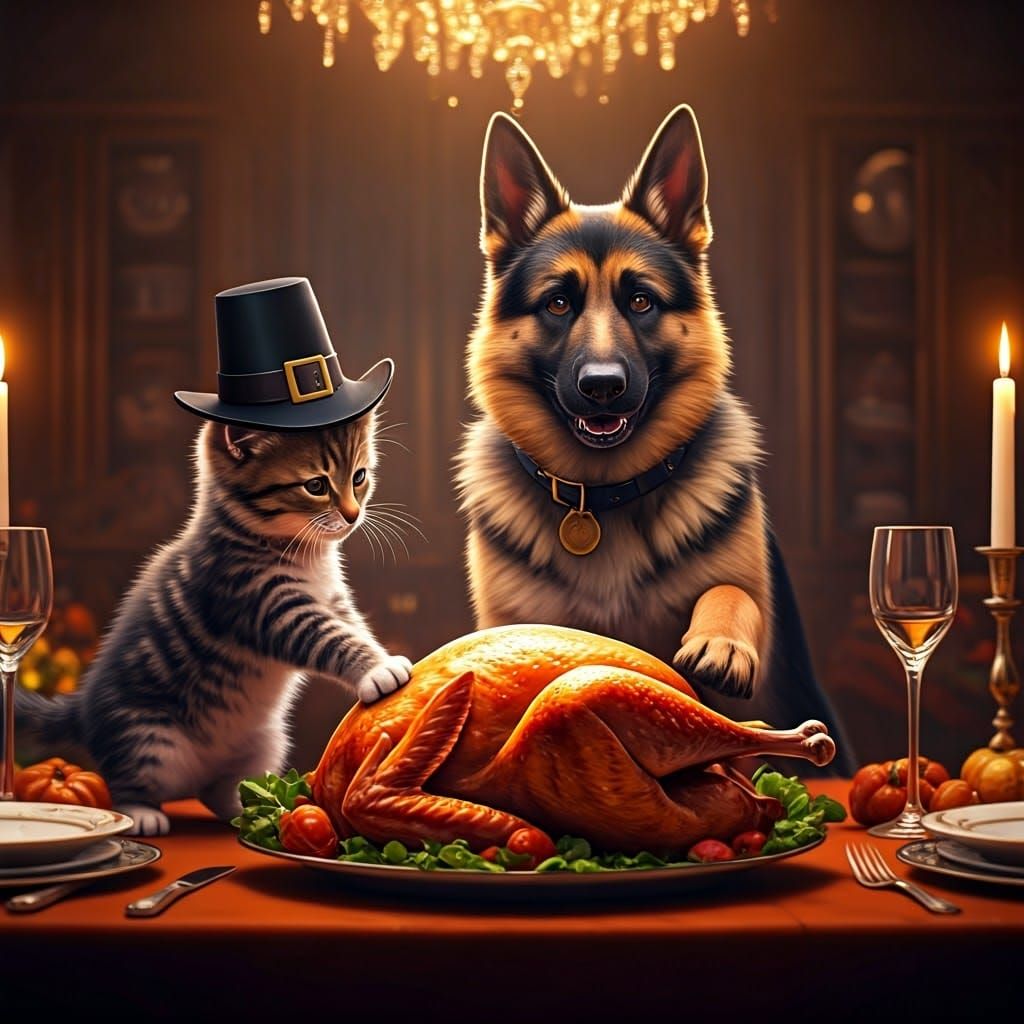 Thanksgiving Heist: Kitten and Shepherd Pilfer Turkey