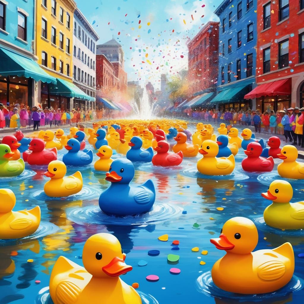Vibrant Rubber Duck Parade in Whimsical Watercolor Style