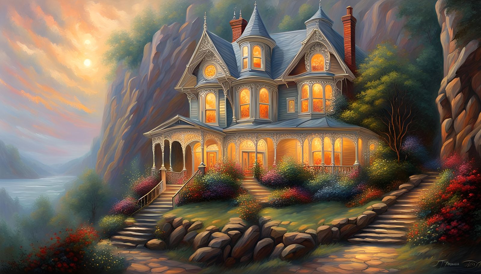 Victorian House Design on Cliff in Oil Painting Style