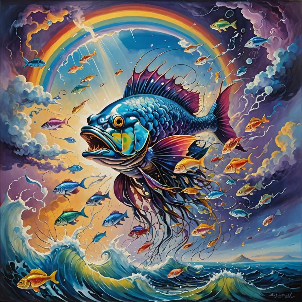 Iridescent Fish Slaps Rainbow: A Surreal Oil Painting