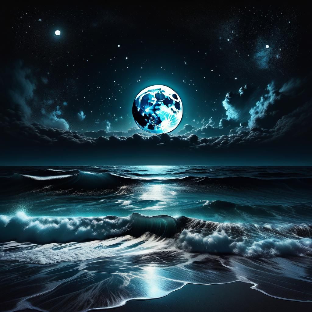 Full Moon Over Ocean in Detailed Fantasy Collage