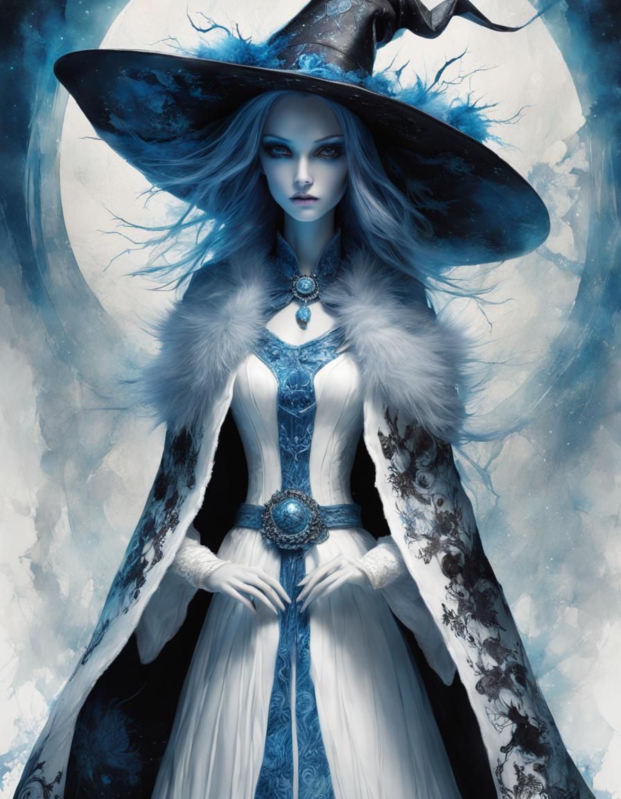 Cracked Blue Porcelain Witch with Bioluminescent Glow