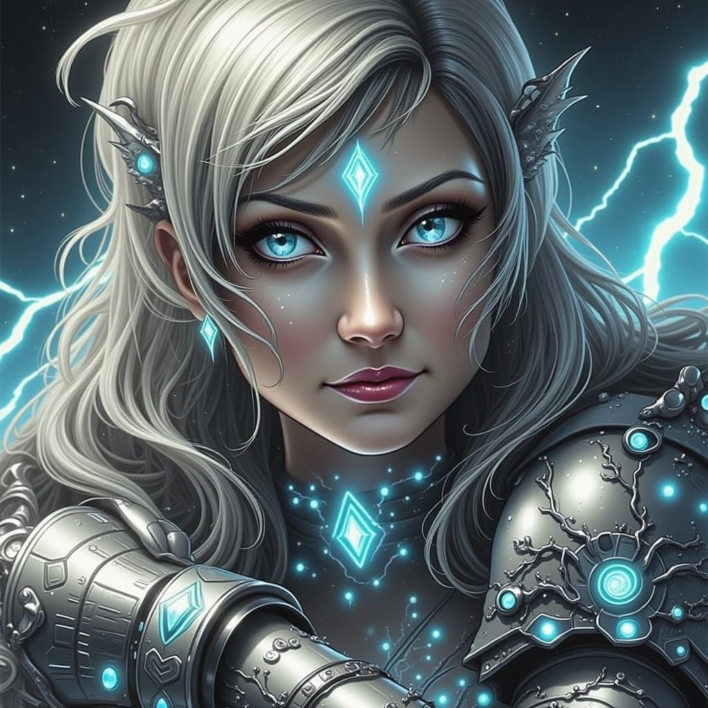 Metallic Figure in Electric Light: Neon Bioflux Style