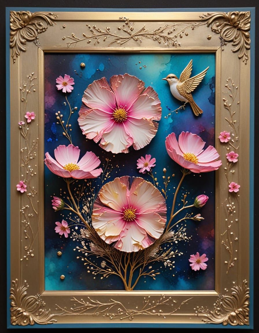 Alcohol Ink Art: Circular Floral Design with Bird and Gold F...
