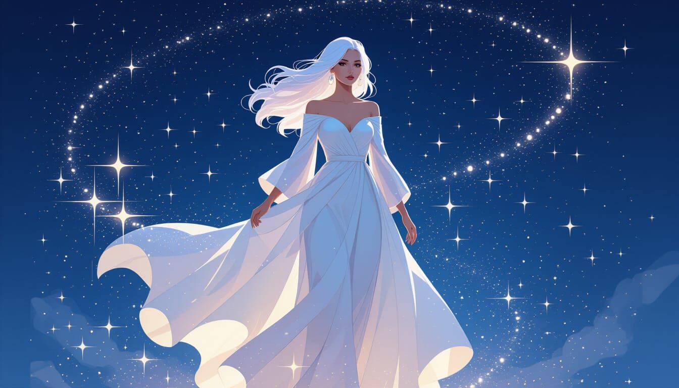 Celestial Woman Amidst Stardust in Whimsical Style