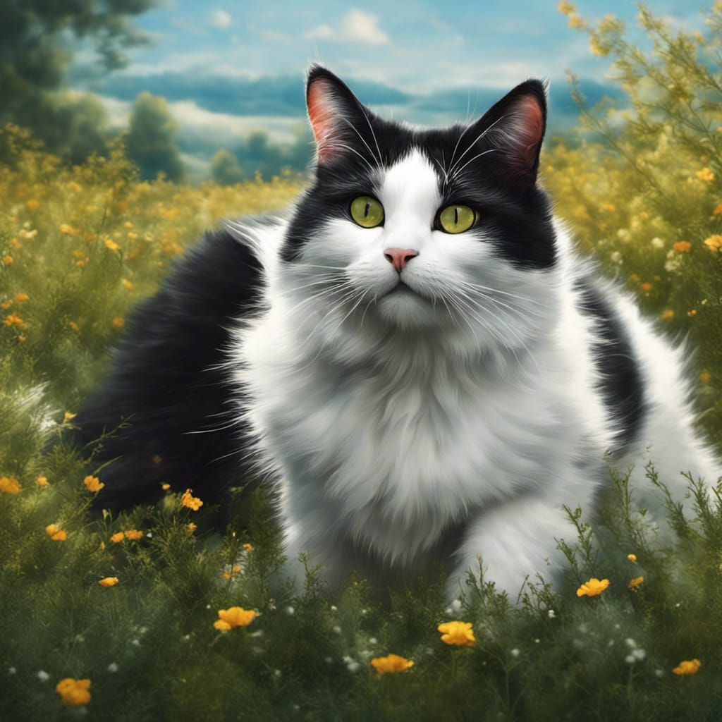 Black and White Cats Playing in Meadow, Hyperrealistic