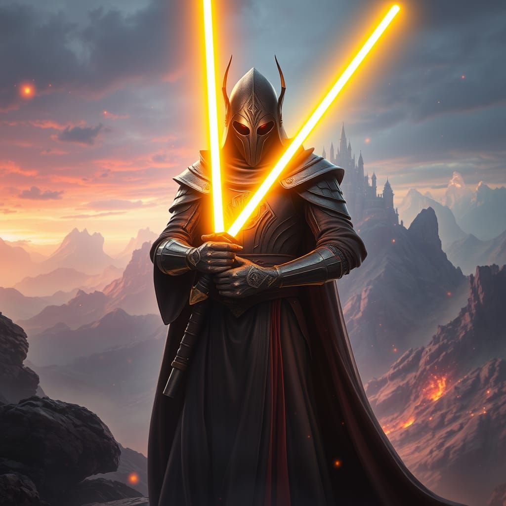 Noble Jedi Warrior with Ancient Yellow Lightsaber in a Fanta...