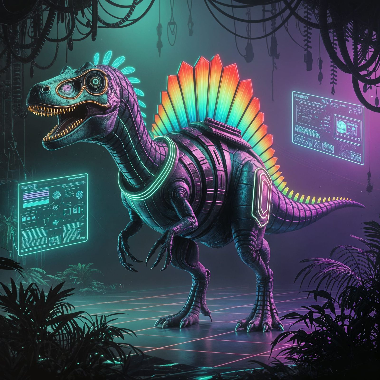 Cyberpunk Dilophosaurus in Neon Jungle