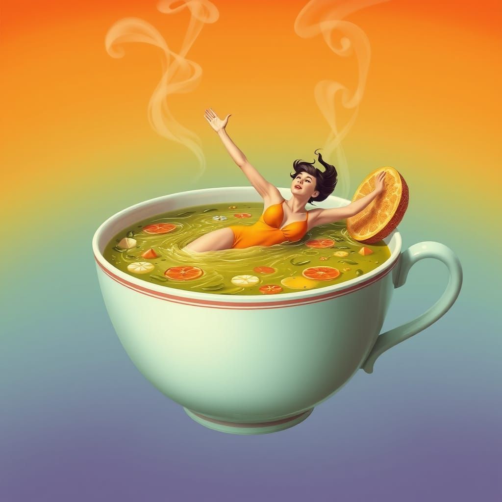 Lady Swimming in Gigantic Soup Cup