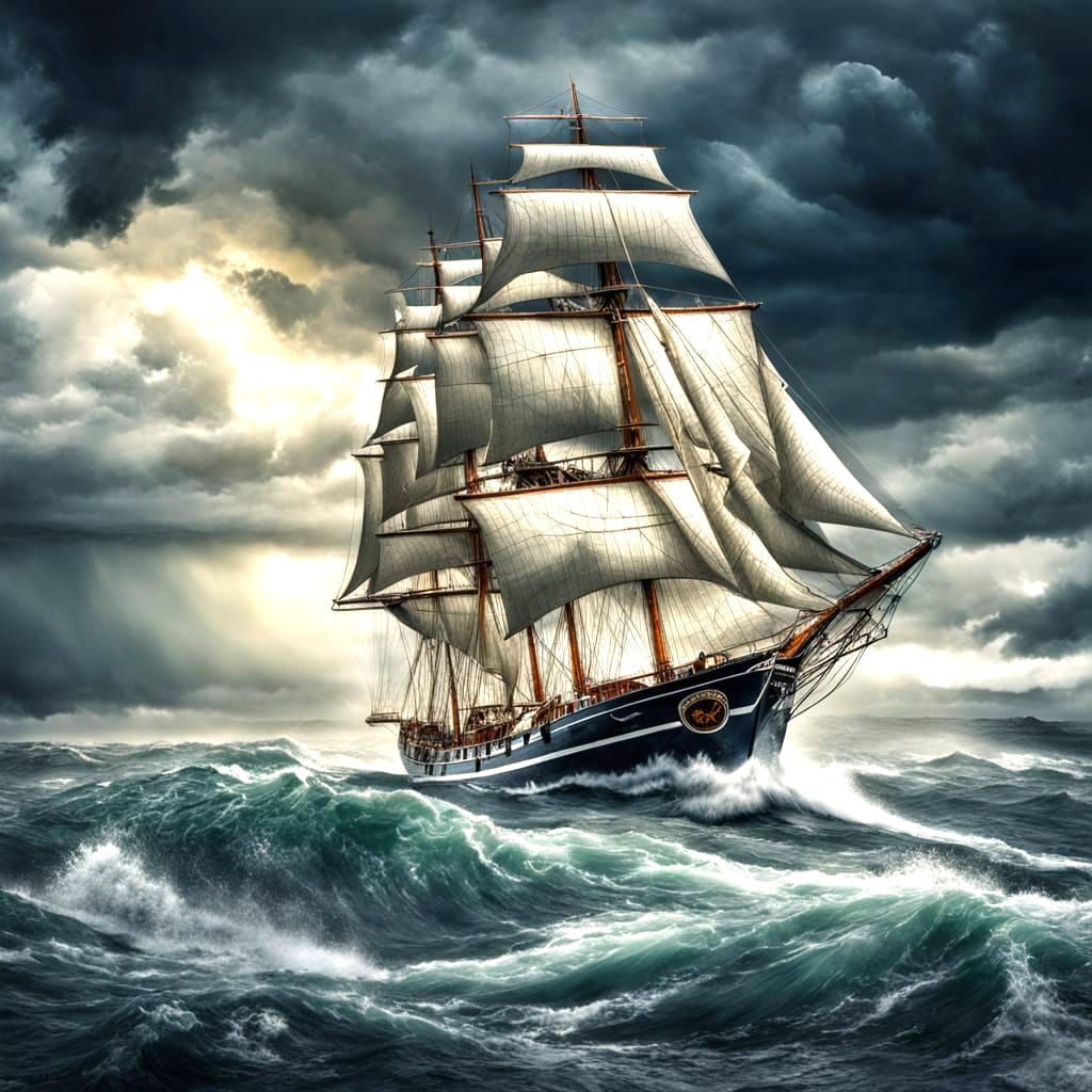 Clipper Boat Sails in Stormy Weather