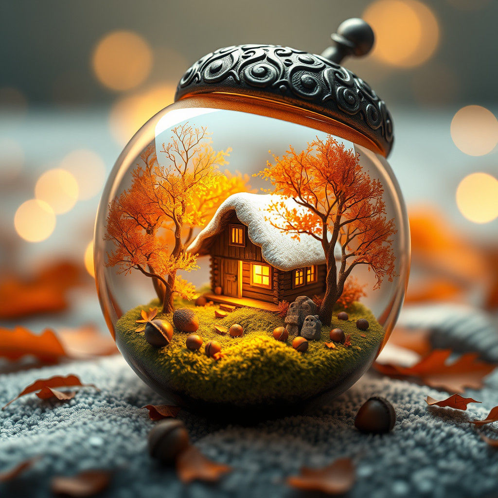 Glass Acorn Autumn Diorama in Hyper-Realism Style