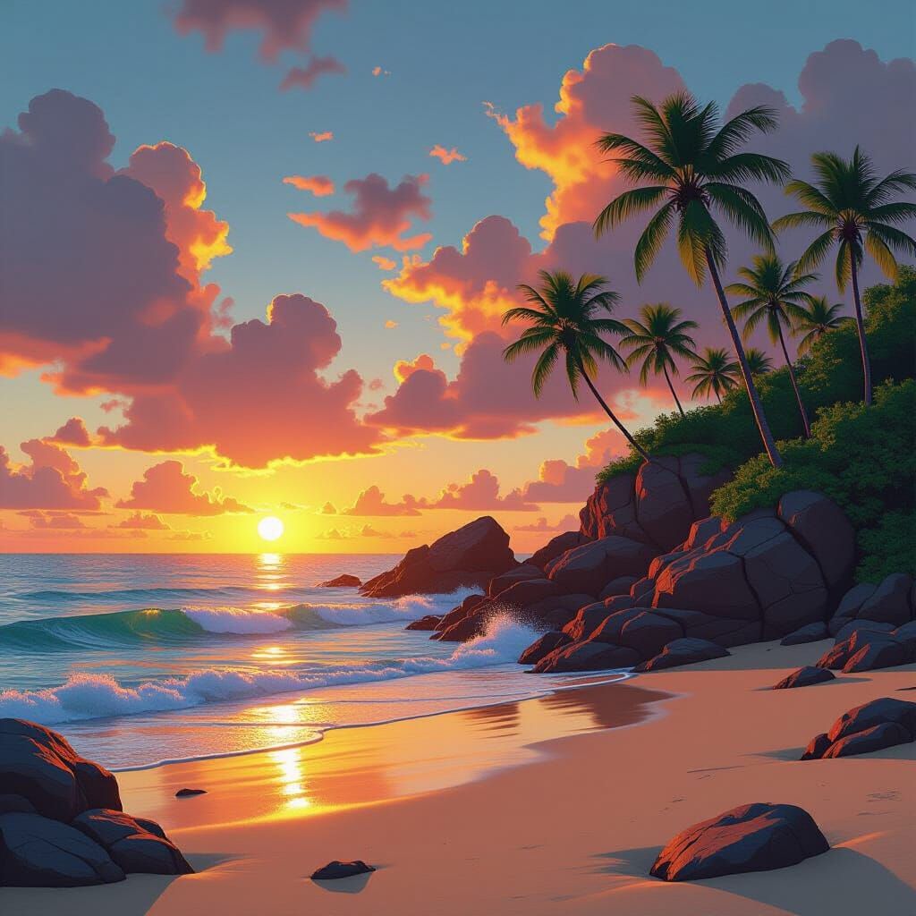 Golden Sunset on Serene Beach, Matte Painting