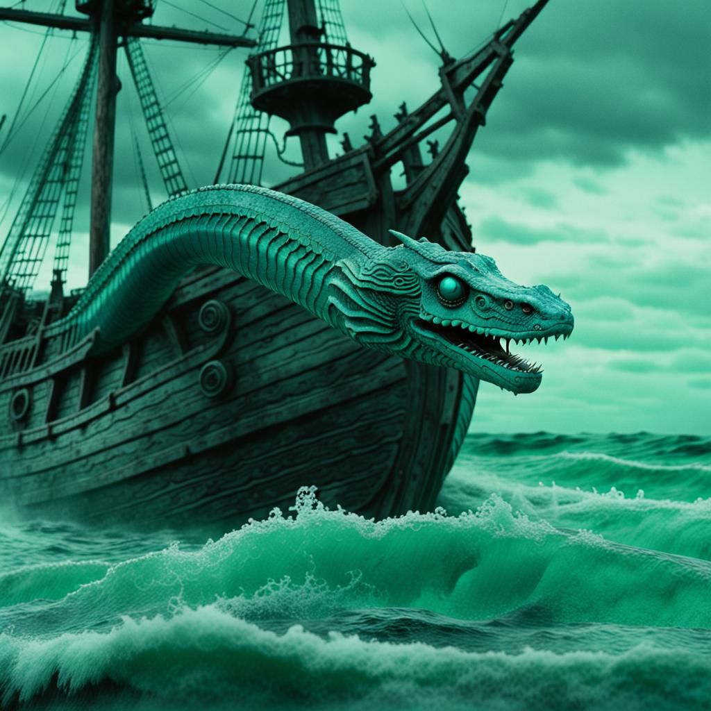 Turquoise Sea Serpent Emerges in Storm: Cinematic Still