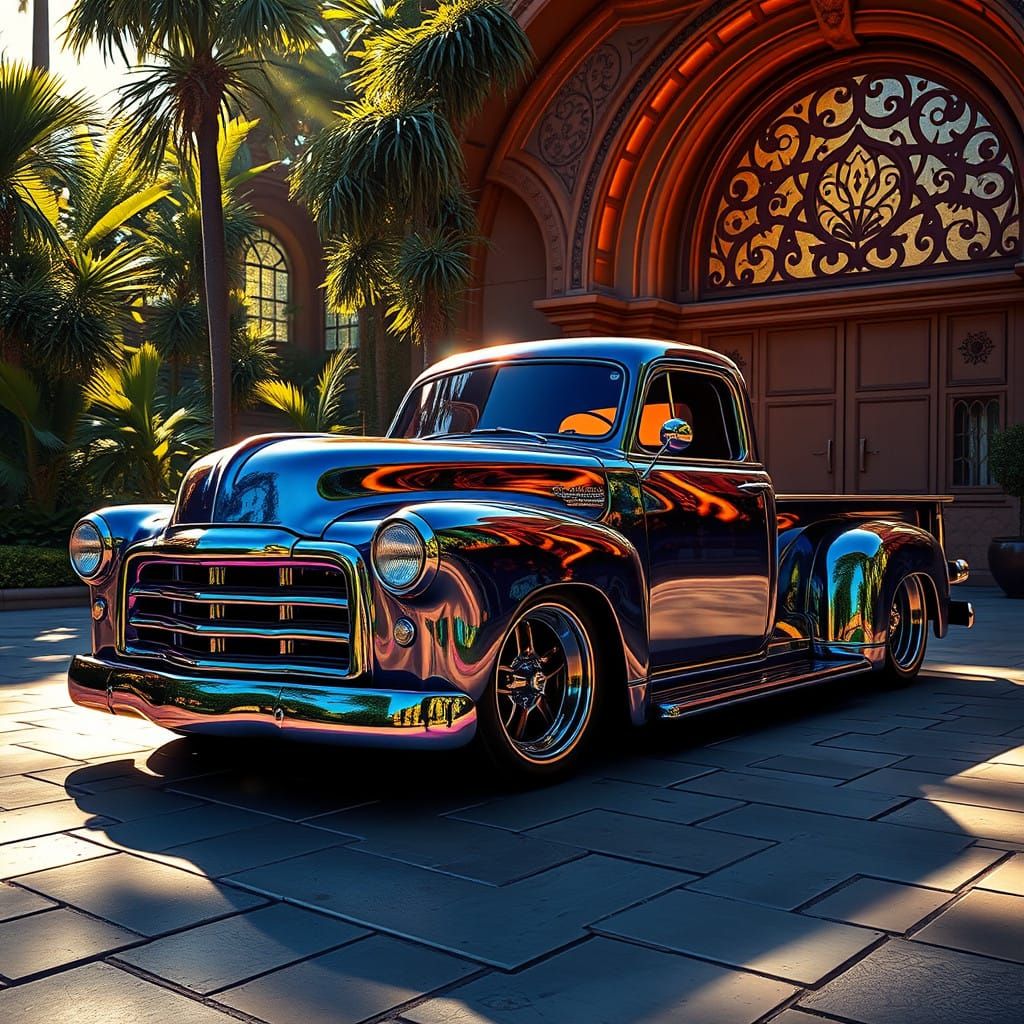 Sleek Low-Rider Truck Amidst Vibrant Architecture