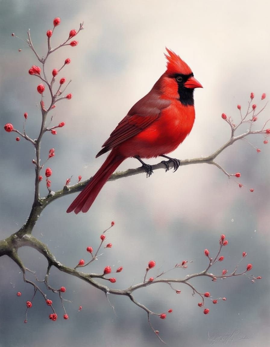 Ethereal Fantasy Mist with Red Cardinal and Berries