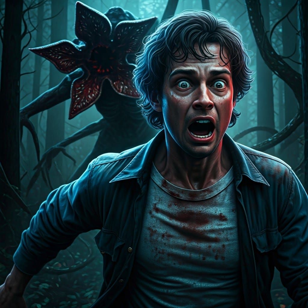 Fearful Man Runs from Demogorgan in Dark, Ominous Forest
