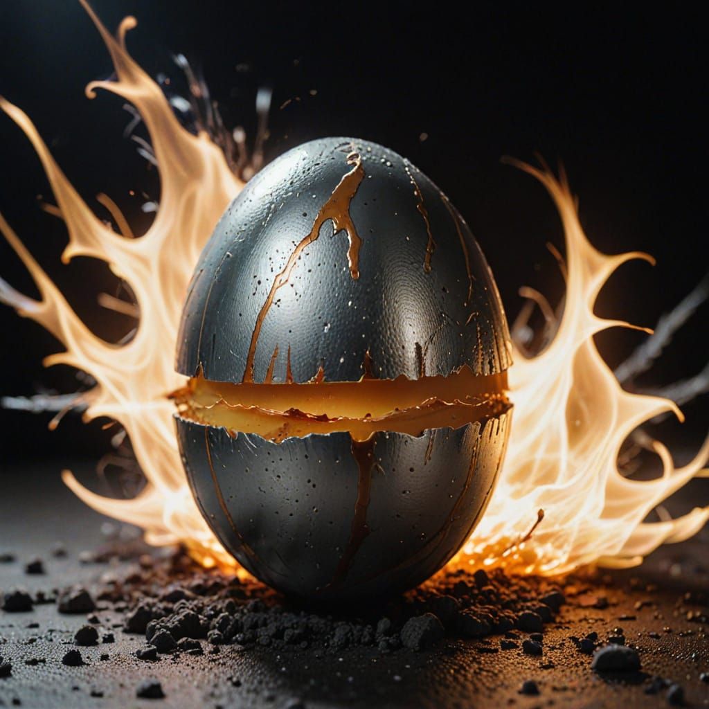 Golden Hour Epic: Striped Egg Amidst Cinematic Flames