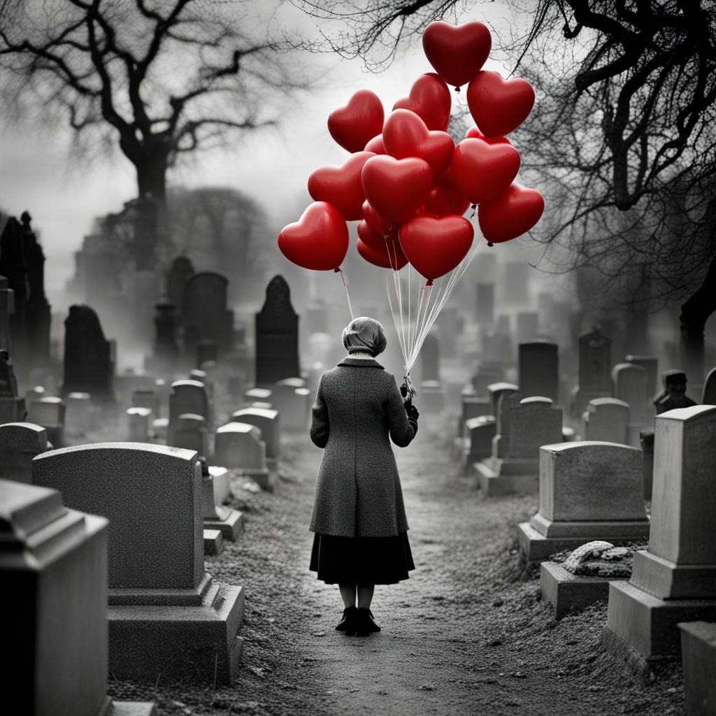 Sad Woman with Red Balloons in Cemetery