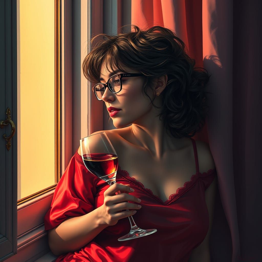 Woman with Wine: Hyperrealistic Gaze Out Window