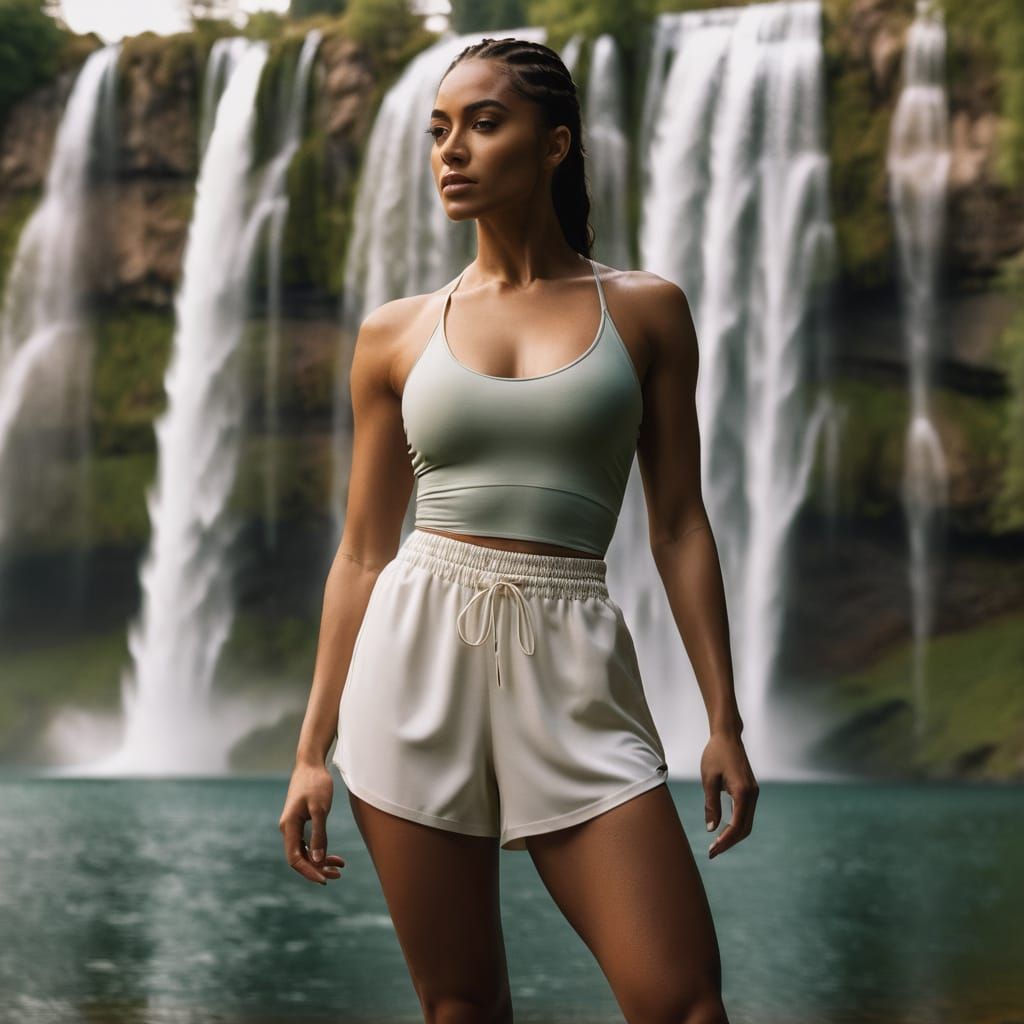 Athletic Woman Poses by Serene Lake in Golden Hour