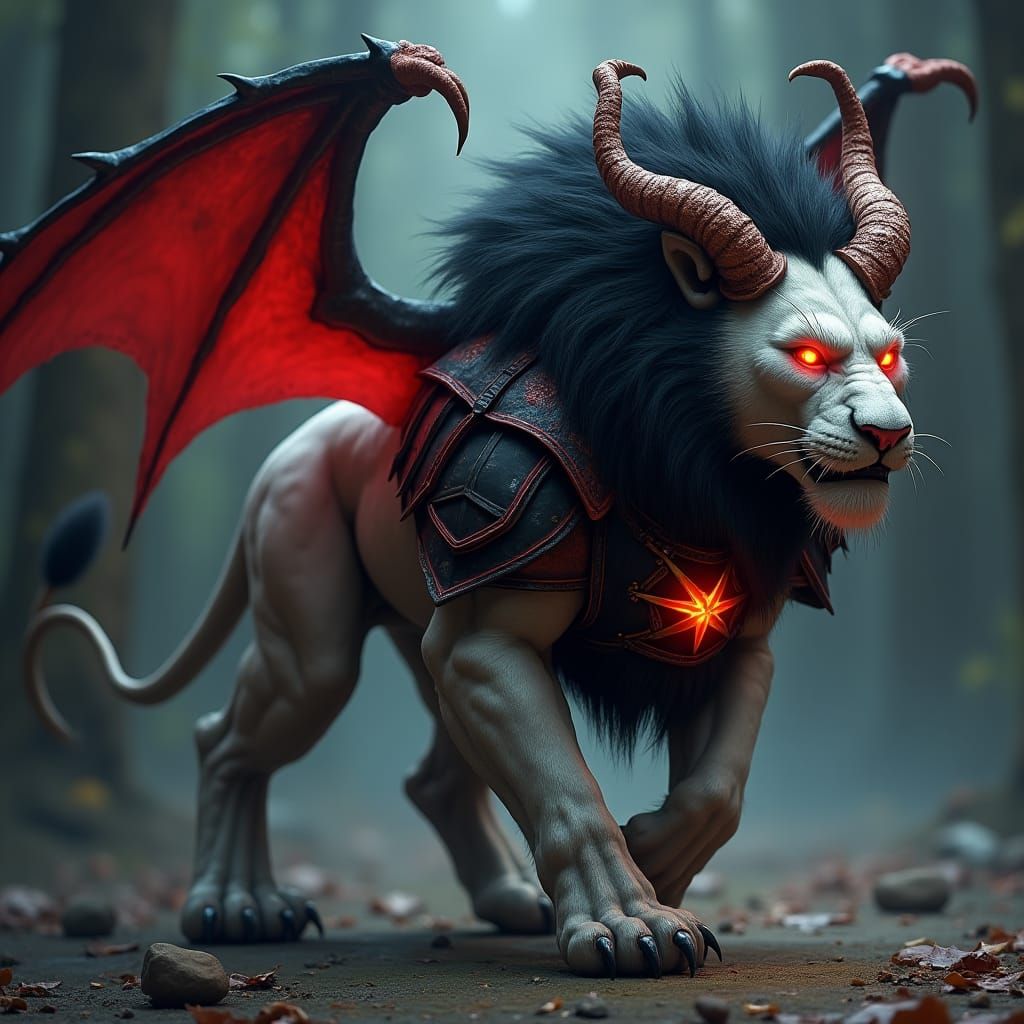 Demonic Werelion with Black Mane and Fiery Eyes