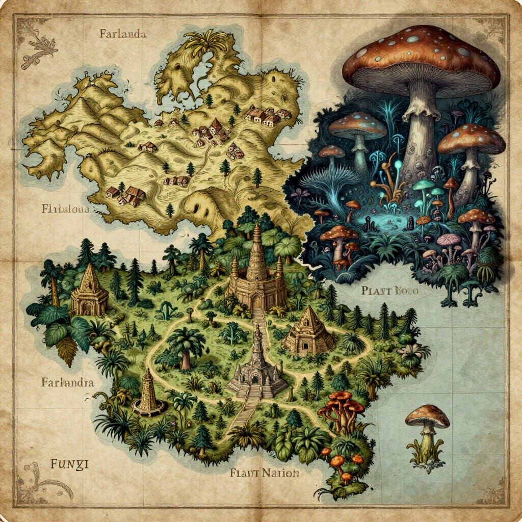 Fantasy World Map: Farlanda, Plant, and Fungi Nations