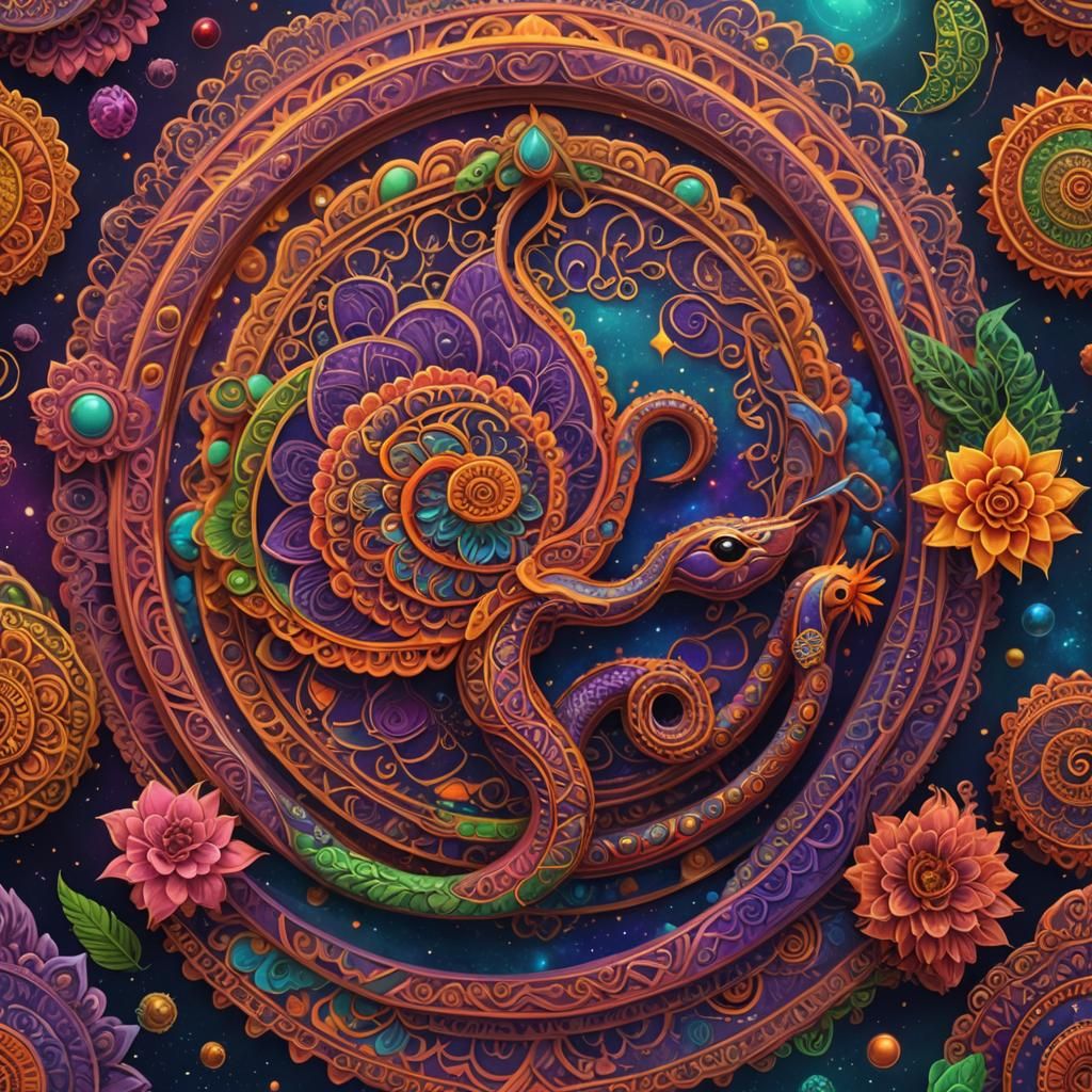 Cosmic Hindu Mandala with Snakes and Fire