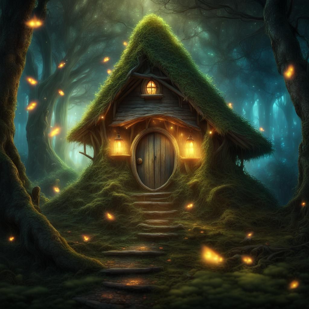 Enchanted Forest Huts with Fireflies in Digital Painting
