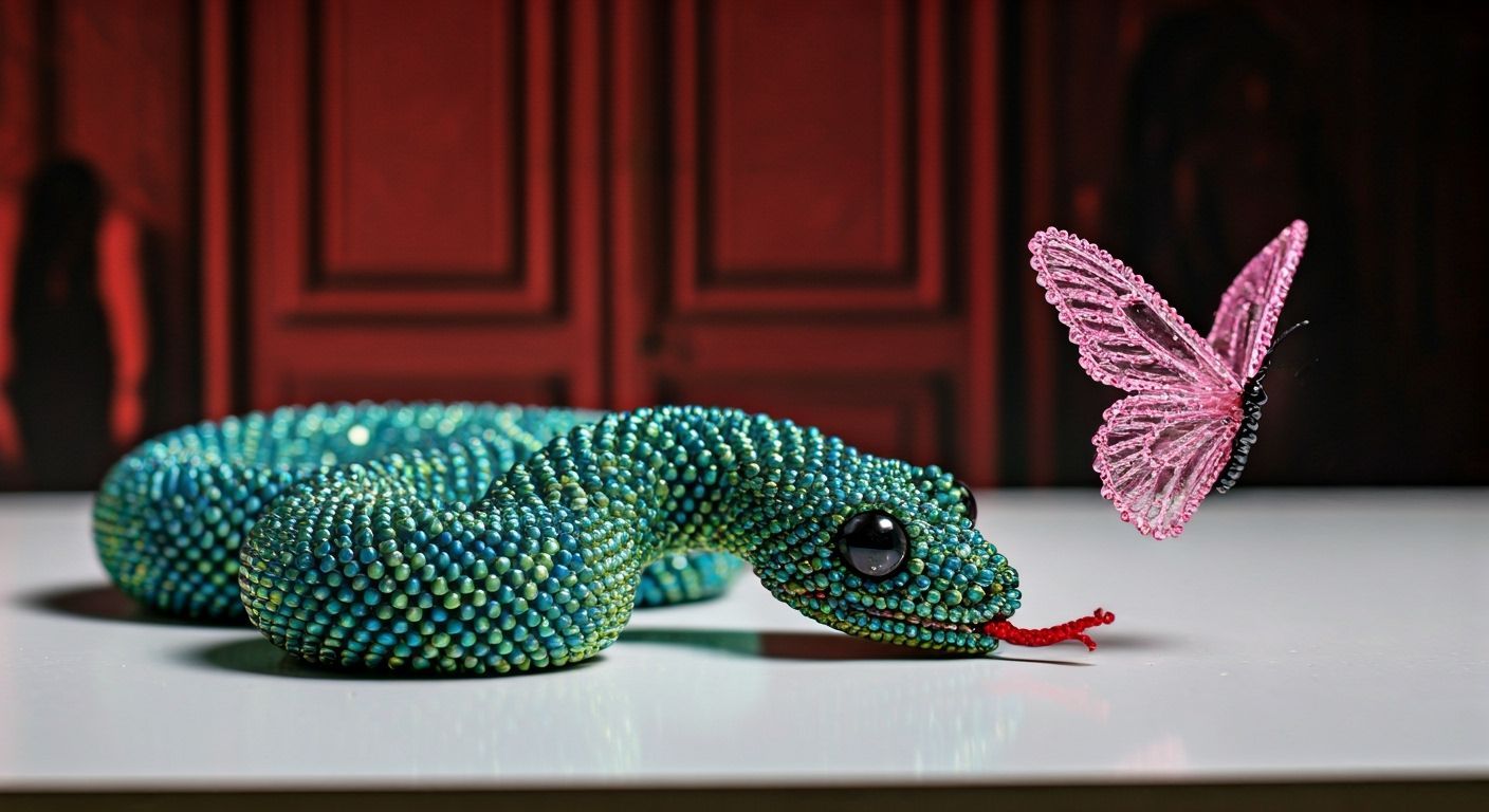 Beaded Snake and Butterfly Sculpture, Dreamlike Art
