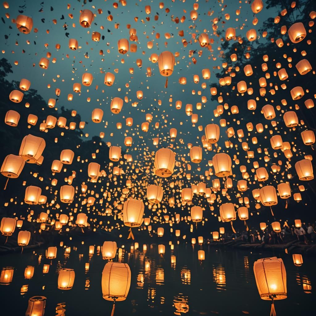 Ultra detailed, a Thai lantern festival, paper lanterns floating in a slow river, floating lanterns in the sky, Cinemati...