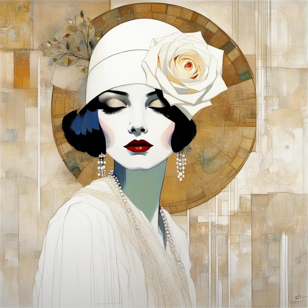 Gatsby Girl with White Rose: Minimalist Surrealism